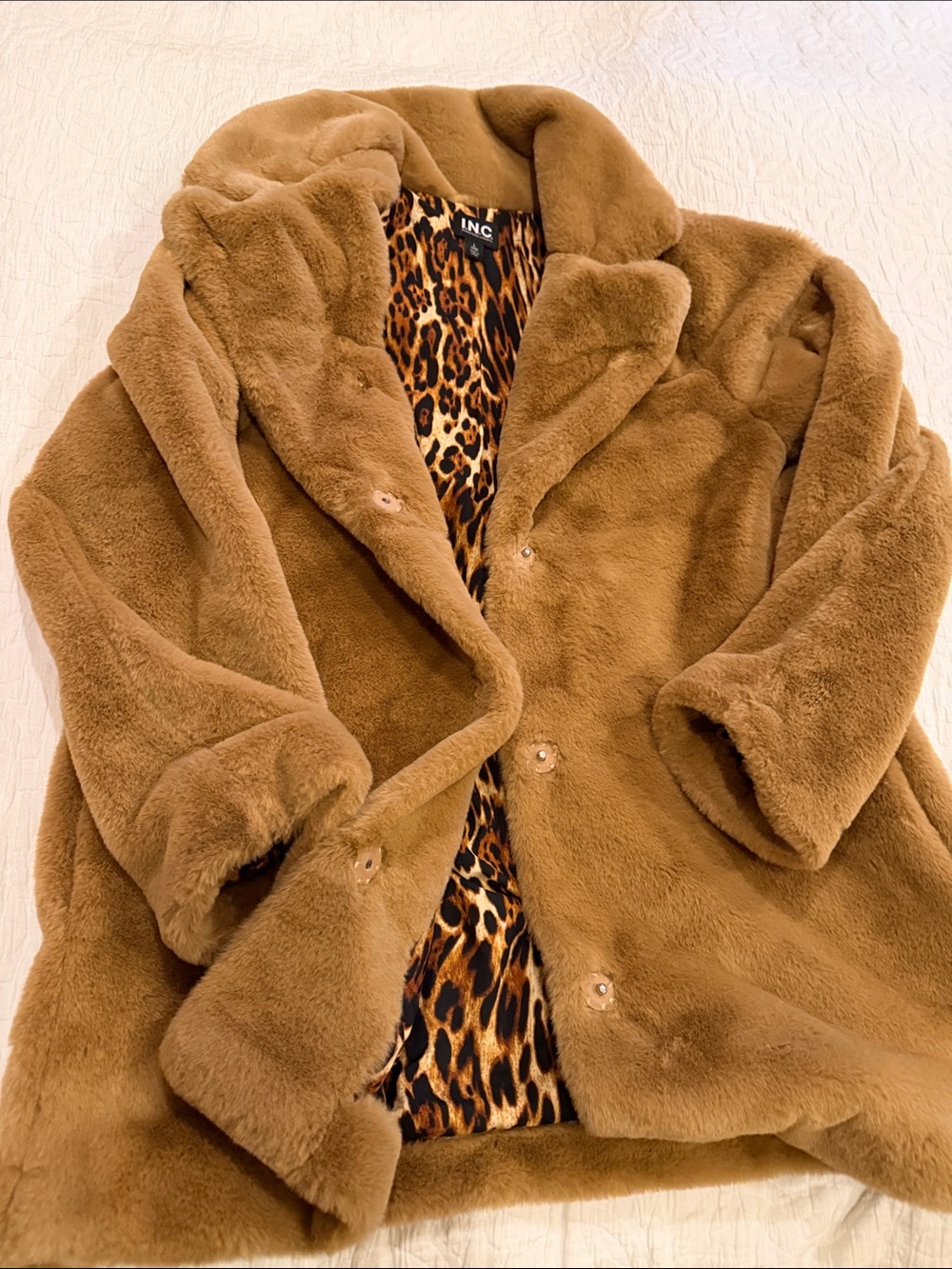 INC International Concepts Camel Faux Fur Coat with Leopard Lining